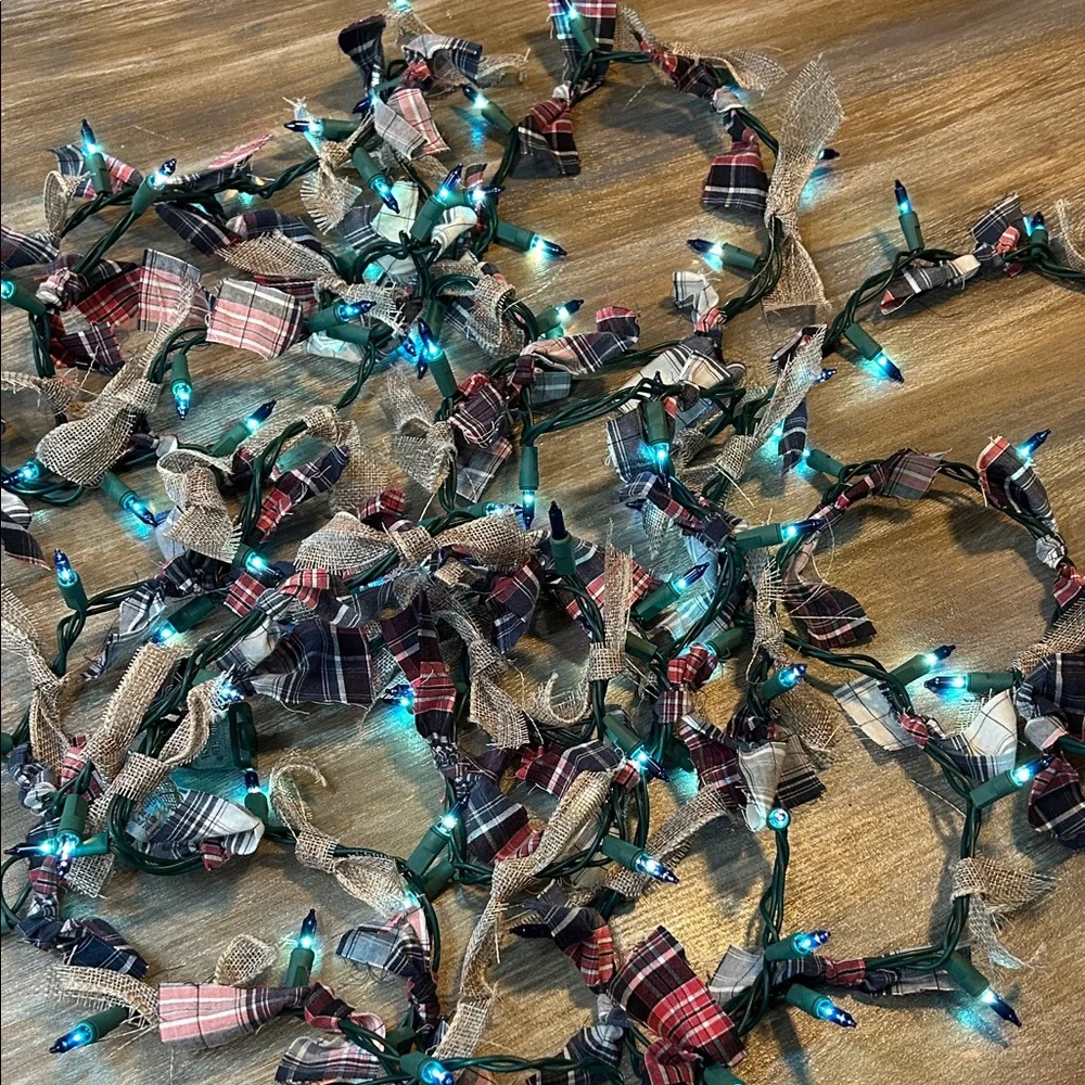 Qty 1 Blue String Lights with Red & Blue Plaid and Burlap Accents 18' Long